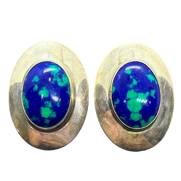 Sterling Silver Vintage Mexico Azurite blue & green stone oval earrings pierced